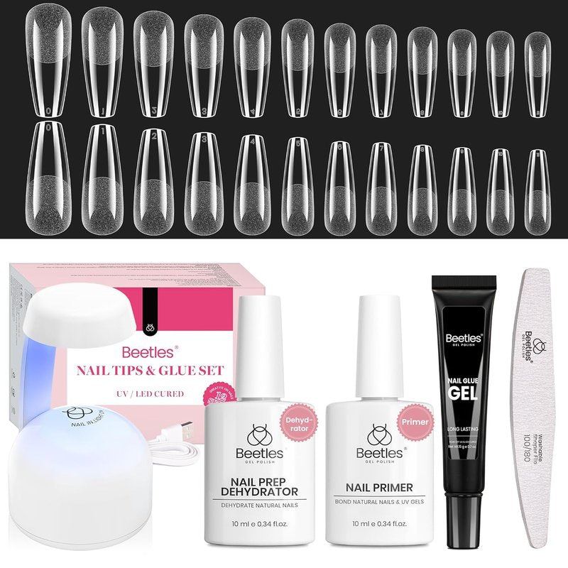 Beetles Gel Nail Kit - Long Coffin Acrylic Tips with Dehydrator & Primer | 576 Pcs Easy DIY Extension Set for Women