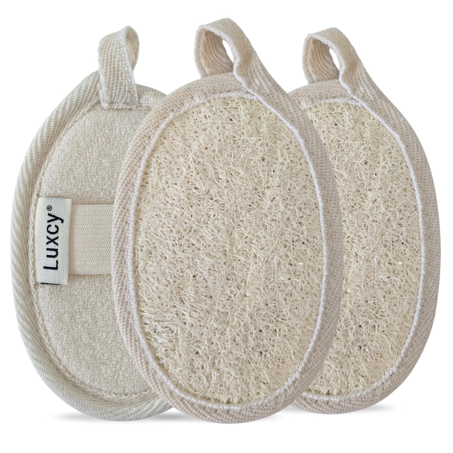 Luxcy Natural Loofah Exfoliating Body Scrubber, Dual-Sided Shower Loofah Sponge, Bath Shower Loofah Spong for Men and Women, Face and Body Bath Scrubber- 3 Count (1 Pack)
