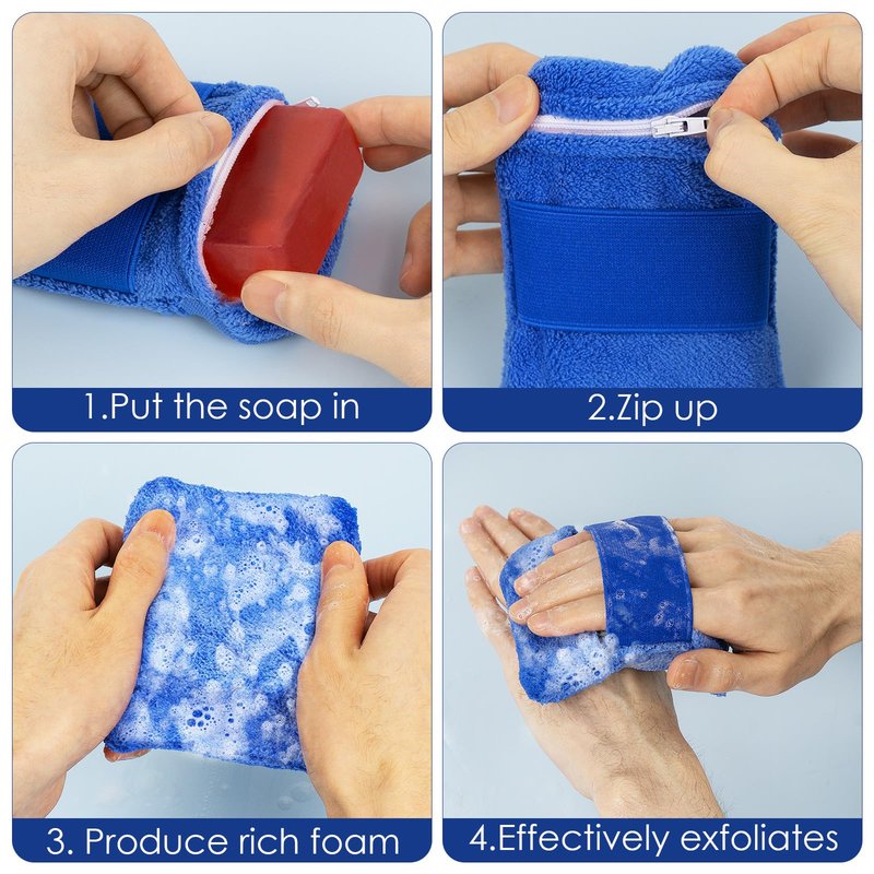 Adorila 4 PCS Cotton Soap Bag, Foaming and Drying The Soap, Shower Bar Soap Pouch Scrubber for Men and Women (Blue & Grey)