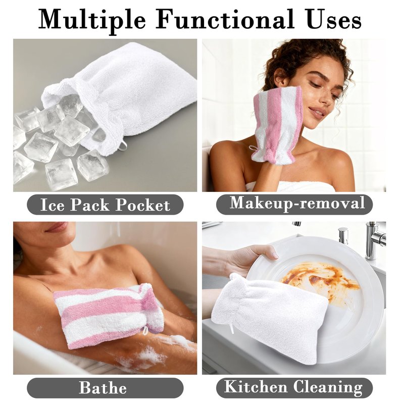 VOOVA & MOVAS 6-Pack Bath Mitts for Shower, 100% Cotton Soft Absorbent Wash Cloths with Hanging Loop, 8.3x6.3 Inch European Style Bathing Gloves for Body & Spa, Pink Stripe & White