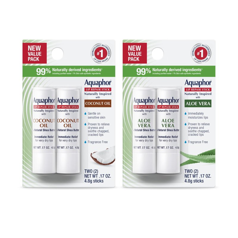 Aquaphor Naturally Inspired Lip Repair Stick Four (4) Pack with Shea Butter, Lip Balm Set, Coconut Oil, Two (2) 0.17 Oz + Two (2) Aloe Vera, 0.17 Oz