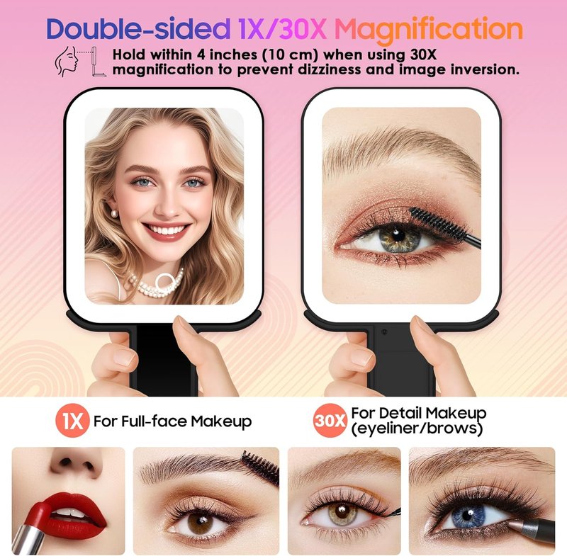 Magnifying Travel Mirror with Light - 30X/1X Double-Sided, Adjustable Brightness, Foldable Design for Makeup | Portable for Travel & Desktop Use