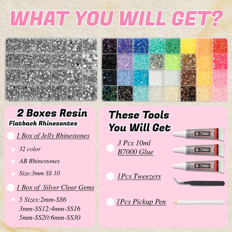 DEWJDFSC 2 Boxes Rhinestones for Bedazzling Kits, Multicolor 3mm Resin Jelly Flatback Bedazzled Gems, 2-6mm Silver Clear Bedazzler, Bedazzler with 3Pcs B7000 Jewelry Glue for Crafts Book Nail Art