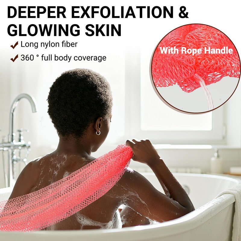 African Net Sponge Authentic for Exfoliating - Extra Knots for Deep Cleansing & Back Scrubbing - Body Scrubber Washcloth for Women & Men - Daily Shower Exfoliator for Smooth, Glowing Skin(Pink)