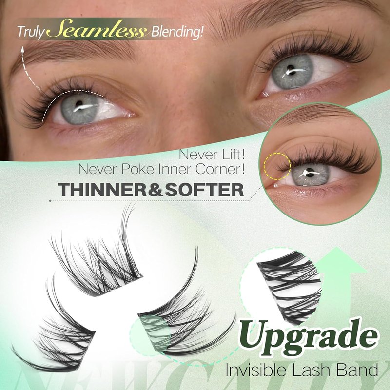 Newcally Natural Lash Clusters - Invisible Band Eyelash Extensions | CC-Curly, 10-16MM Sizes