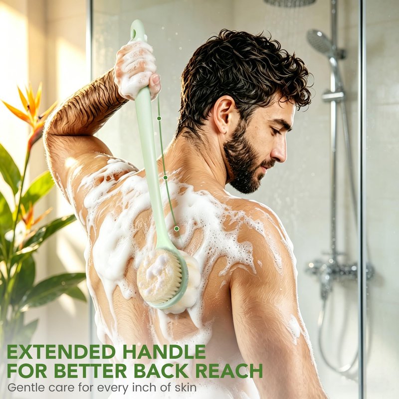 CYMPHW Back Scrubber for Shower, 15.7" Loofah with Handle, Back Shower Brush with Bristles and Loofah, Dry Brushing Body Brush for Cleanse Back and Hard to Reach Areas with Curved Long Handle