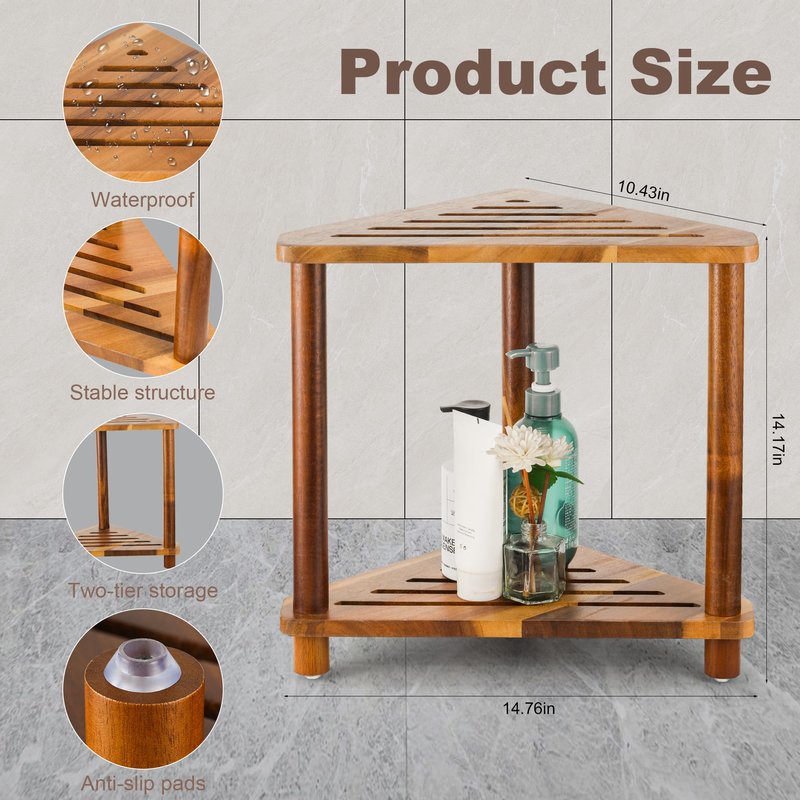 OKLILIYA Corner Shower Stool, Shower Foot Rest for Shaving Legs, Small Shower Acacia Wood Waterproof Shower Bench for Inside Shower Spaces (Corner Stool 03)
