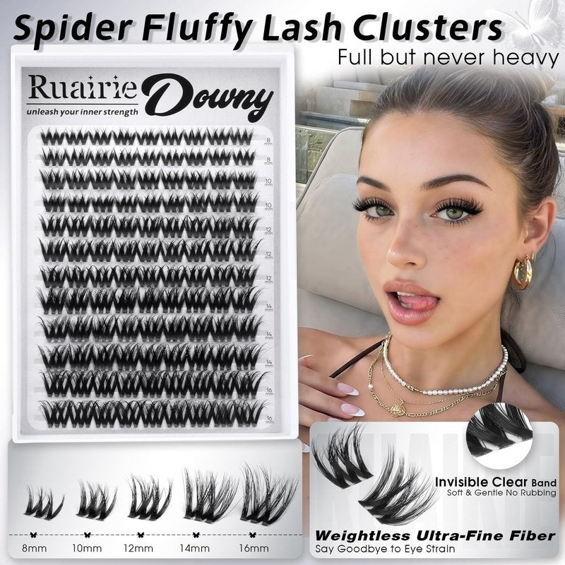 Fluffy Lash Clusters Wispy Cluster Eyelash Extensions 8-16mm Downy Eyelash Clusters Volume Lash Clusters Faux Mink D-Curly Spider Lash Extensions Invisible Band Eyelashes Clusters