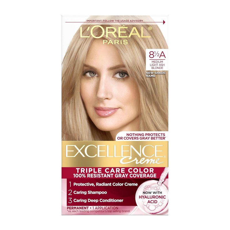 L'Oreal Paris Excellence Crème Hair Dye - Triple Care Formula for 100% Gray Coverage | 8.5A Medium Light Ash Blonde