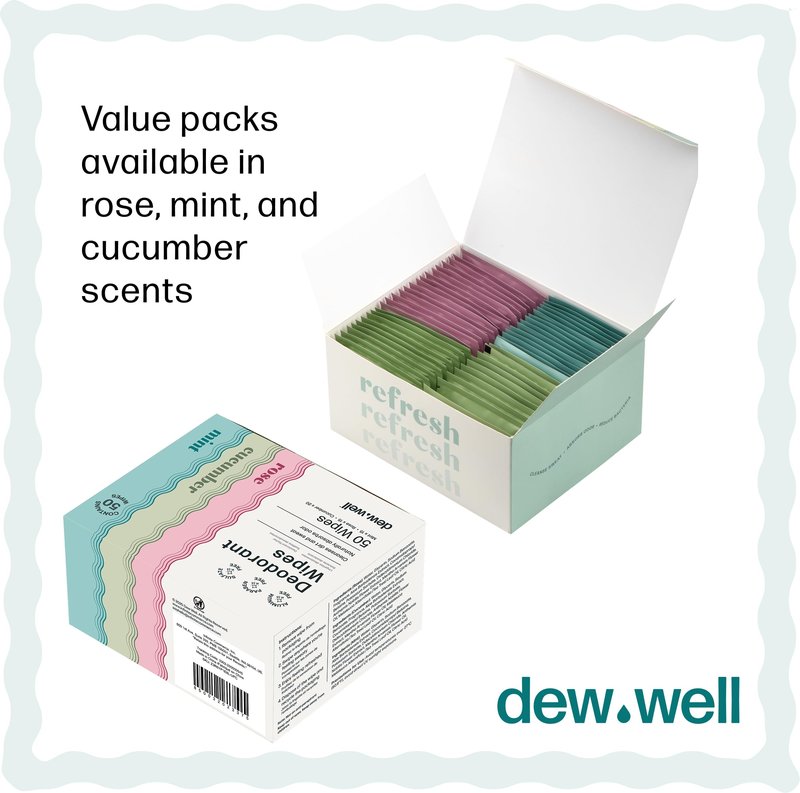 Dew Well Deodorant Wipes - On-the-Go Travel Deodorant - Fresh Mint, Rose & Cucumber Scents Body Wipes for Women - Aluminum, Paraben & Sulfate Free Mini Toiletries - 50 Count, Mint/Rose/Cucumber