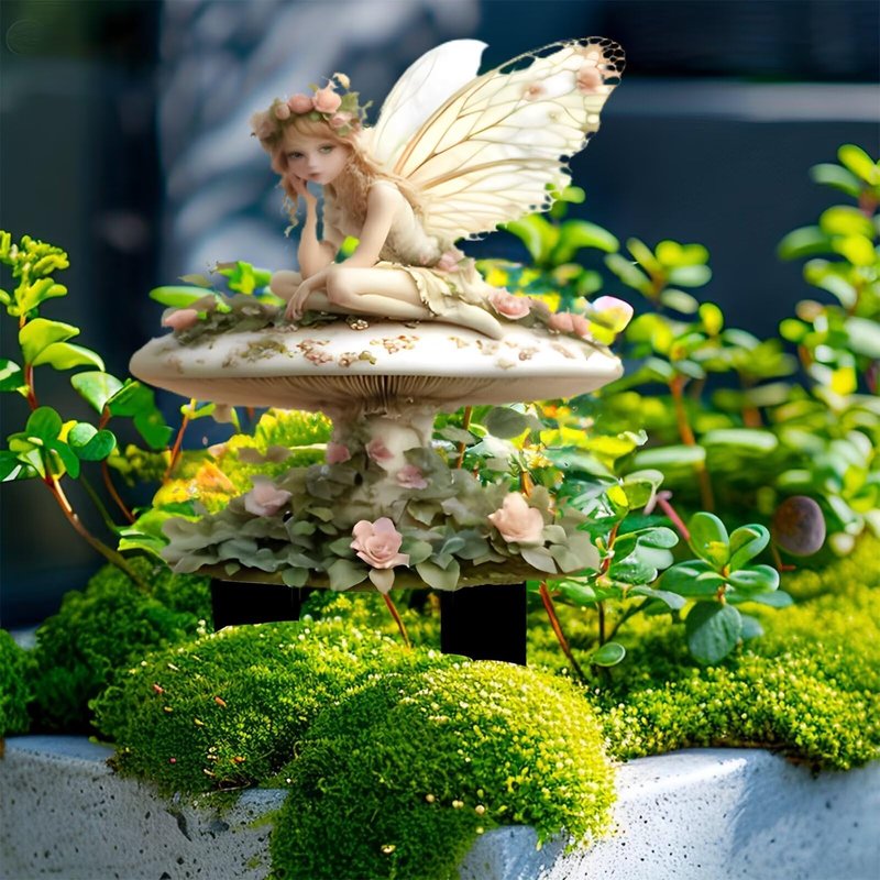 Fairy On The Mushroom Acrylic Garden Stake, Indoor and Outdoor Garden Acrylic Decoration, Suitable for Flower Pots and Landscape Beautification, Suitable for Courtyards and Lawn