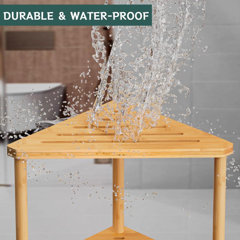 Bamboo Corner Shower Stool - Waterproof Shower Stool for Inside Shower, Shaving Legs & Small Spaces, 2-Tier Shower Foot Rest with Storage Shelf, Bath Seat & Corner Bench for Woman, Mom, Spa