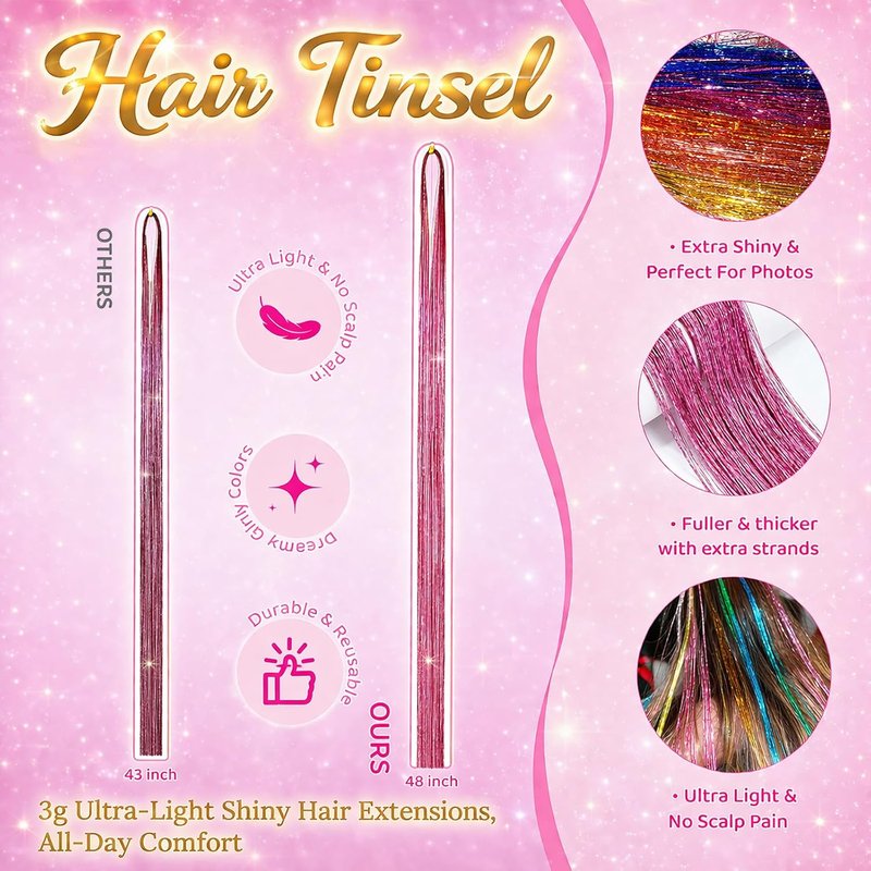 Hair Tinsel Kit - 48 Inch Glitter Tinsel Extensions for Girls & Women | 22 Color Options for Parties & Festivals