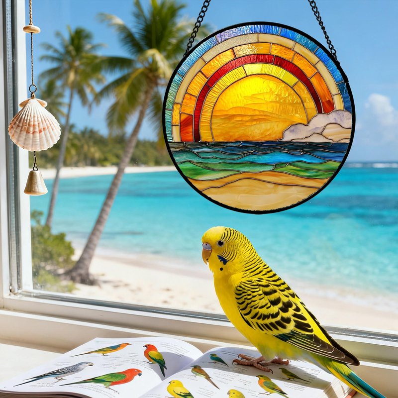 QZQCBLC Stained Glass Window Hanging Rainbow Beach Sunrise Scenery 6.3" - Waves Suncatcher Door Garden Sun Catcher Home Decor Birthday Christmas for Mom Men Woman Friends