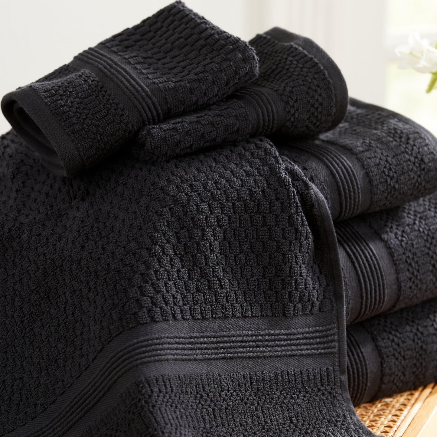 Market & Place 100% Cotton Waffle Weave 6 Piece Towel Set – Soft, Quick-Dry Bath, Hand & Washcloth Towels – Lightweight, Textured Bathroom Set – Black | Zoey Collection