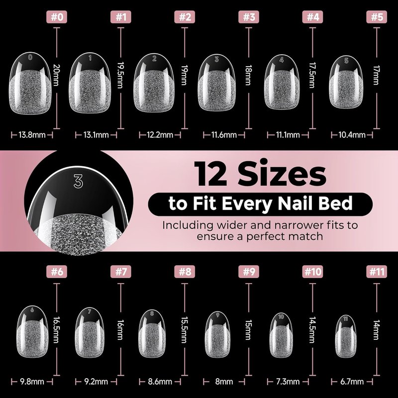 Luckyfairy Short Oval Nail Tips - 240 Pcs Half Matte Clear Gel Acrylic Full Cover for DIY Nail Art | 12 Sizes