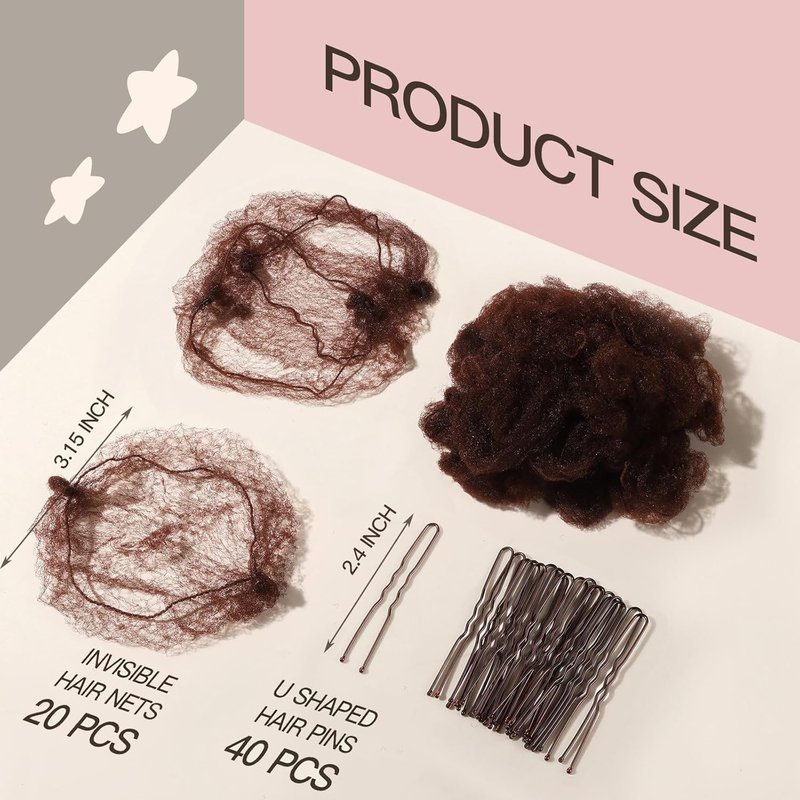 Hair Net for Kids - 20PCS Invisible Hair Nets with 40PCS U Shaped Bobby Pins | 30cm Bun Hair Accessories for Girls - Brown