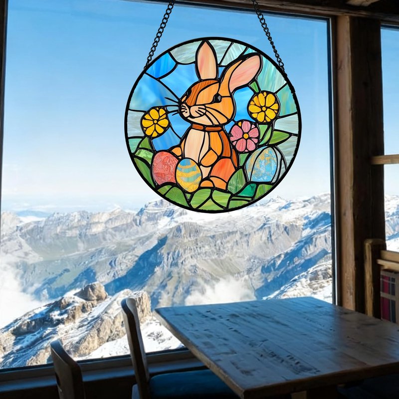 QZQCBLC Stained Glass Window Hanging Rabbit Easter Egg 6.3" - Bunny Suncatcher Door Garden Sun Catcher Home Decor Birthday Christmas for Mom Men Woman Wife Friend Nana