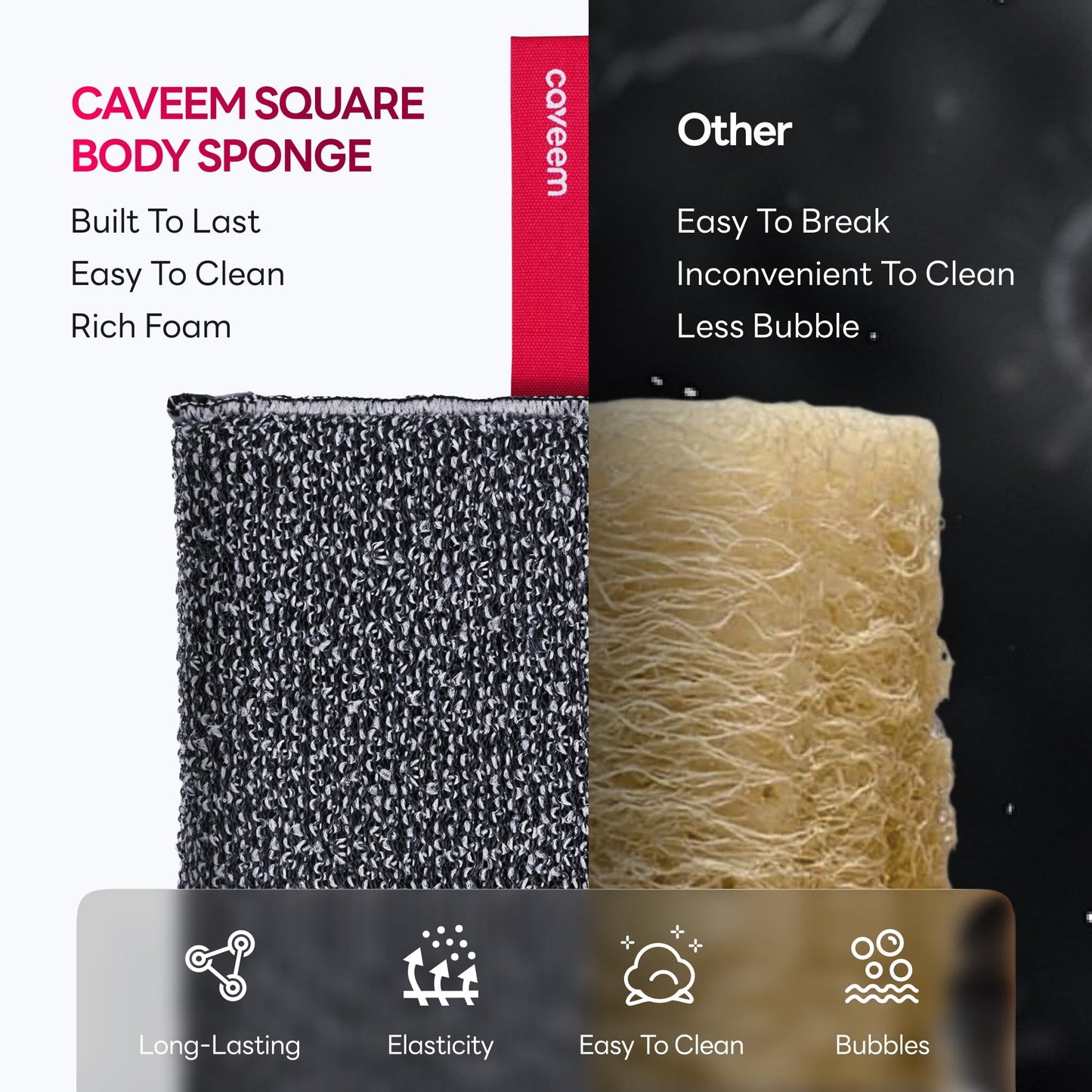 Caveem Exfoliating Body Scrubber, Large Bath and Body Scrub Buffer, Dual Texture Body Exfoliator for Remove Dead Skin, Soft and Rough Lightweight Square Sponge for Shower (2 Pack)