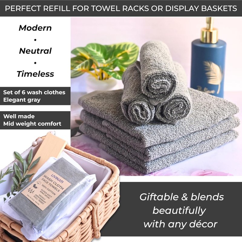 100% Cotton Wash Cloths by [Brand Name] - Soft & Absorbent 12"X12" Terry Towels | 6 Pack for Adults & Kids