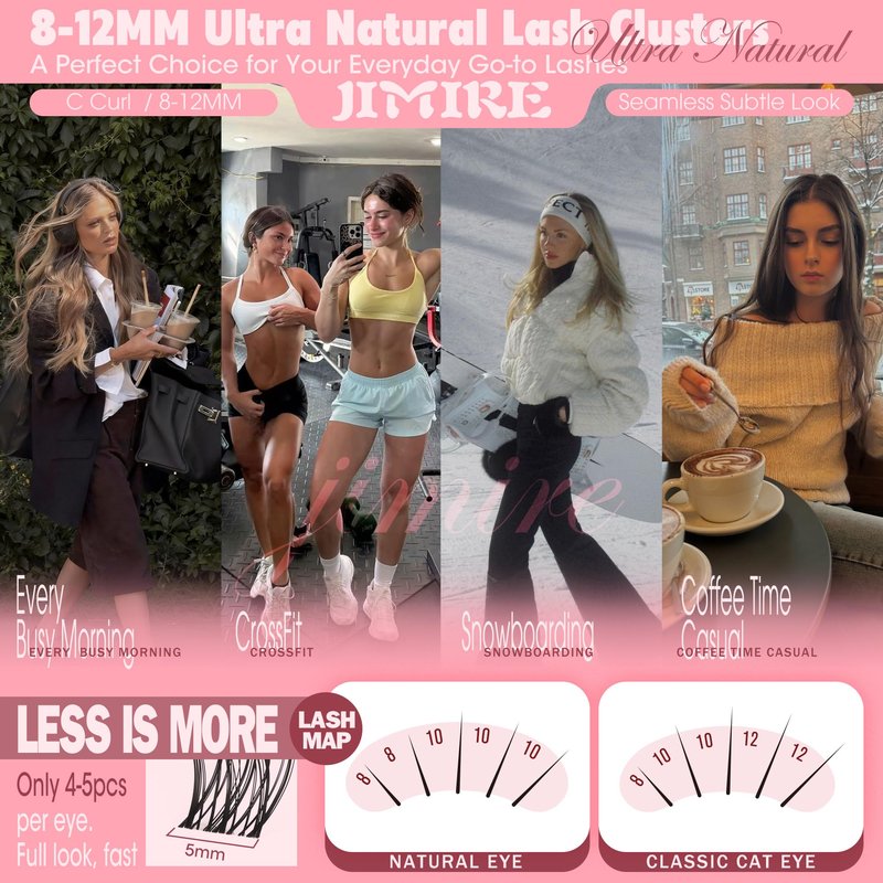 Natural Lash Clusters Wispy 8-12MM Short Eyelash Clusters Wispy Lashes Clusters with Clear Band C-Curly Cluster Eyelash Extensions 120Pcs DIY Lash Extensions at Home by JIMIRE