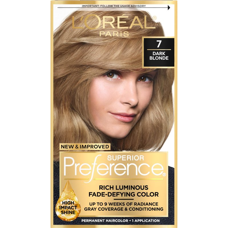 L'Oreal Paris Superior Preference Luminous Fade-Defying Permanent Hair Color, Hair Dye For Up to 9 Weeks of Radiance, Dark Blonde 7, 1 Hair Dye Kit