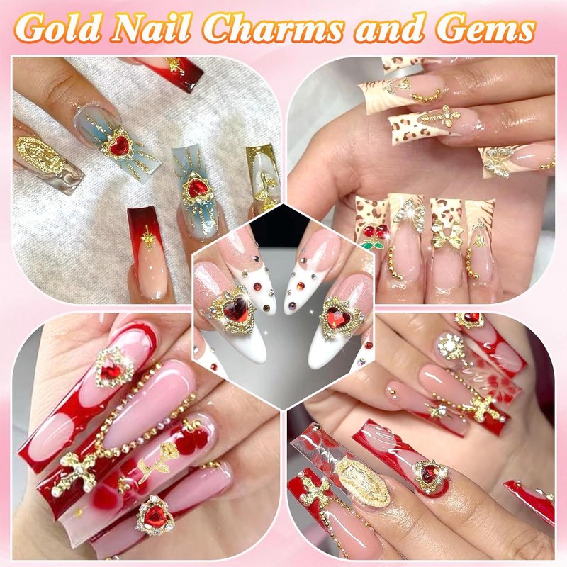 Gold Cross Star Nail Charms Set - 130 Pcs Heart & Flower Designs for DIY Acrylic Nails | Y2K Style