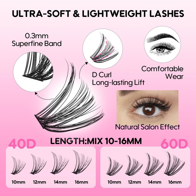Azenlo Lash Extensions 40D+60D Cluster 240pcs DIY Wispy Lash Clusters 10-16mm Eyelash Clusters for Beginners At Home Individual Thin Band Lash Kit (40D+60D Kit)