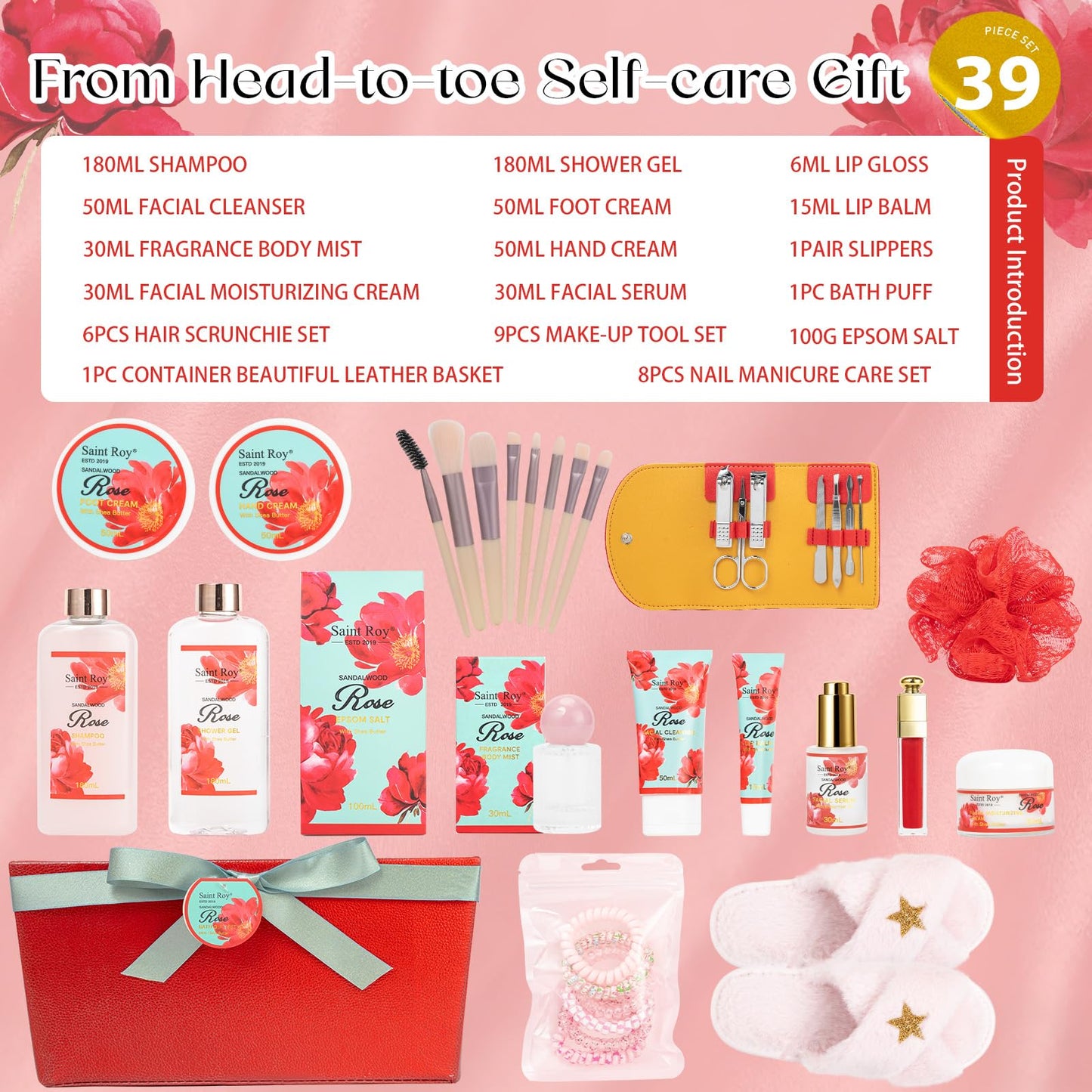 39 Pcs Sandalwood Rose Spa Gift Set, bath kit Bath and Body Spa Gift Basket for Women Necklace, Face Skin Care Kit, Self-Care Set, Lip Gloss, Birthday, Christmas, Mother, Bridal Shower, Anniversary