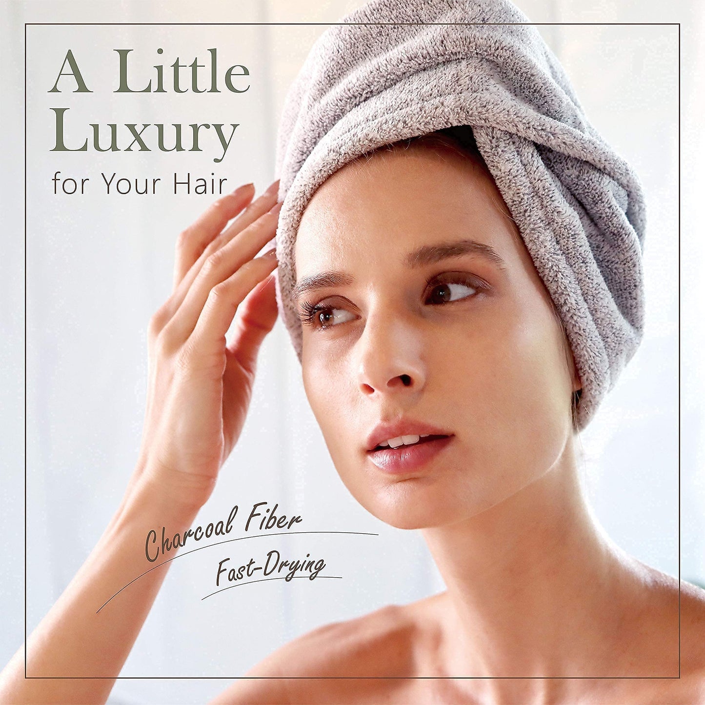 myHomeBody Hair Towel Wrap, Luxury Quick Drying Turban, Ultra Soft Absorbent Charcoal Fiber Cap, with Coconut Shell Button – Gray