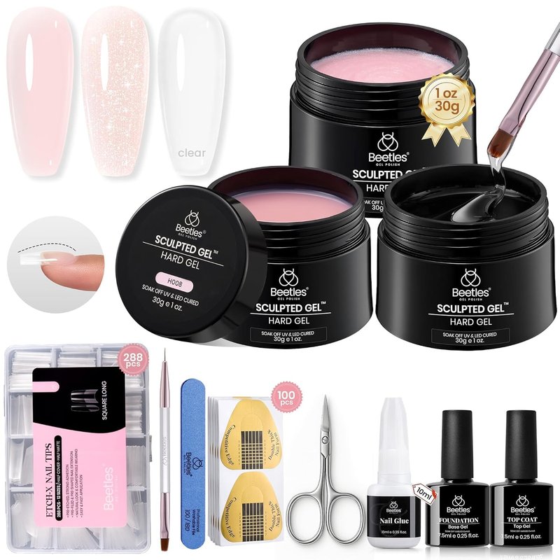 Beetles Hard Gel Nail Kit - 3 Colors Clear Nude Glitter Sculpting Gel with Long Square Tips | UV & LED Cured