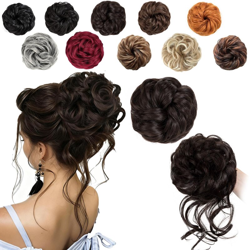 NEOWIG 2PCS Messy Bun Hair Piece for Women Wavy Curly Hair Bun Hair Pieces Synthetic Updo Chignon Fake Scrunchies Ponytail Extension for Daily Dark Brown