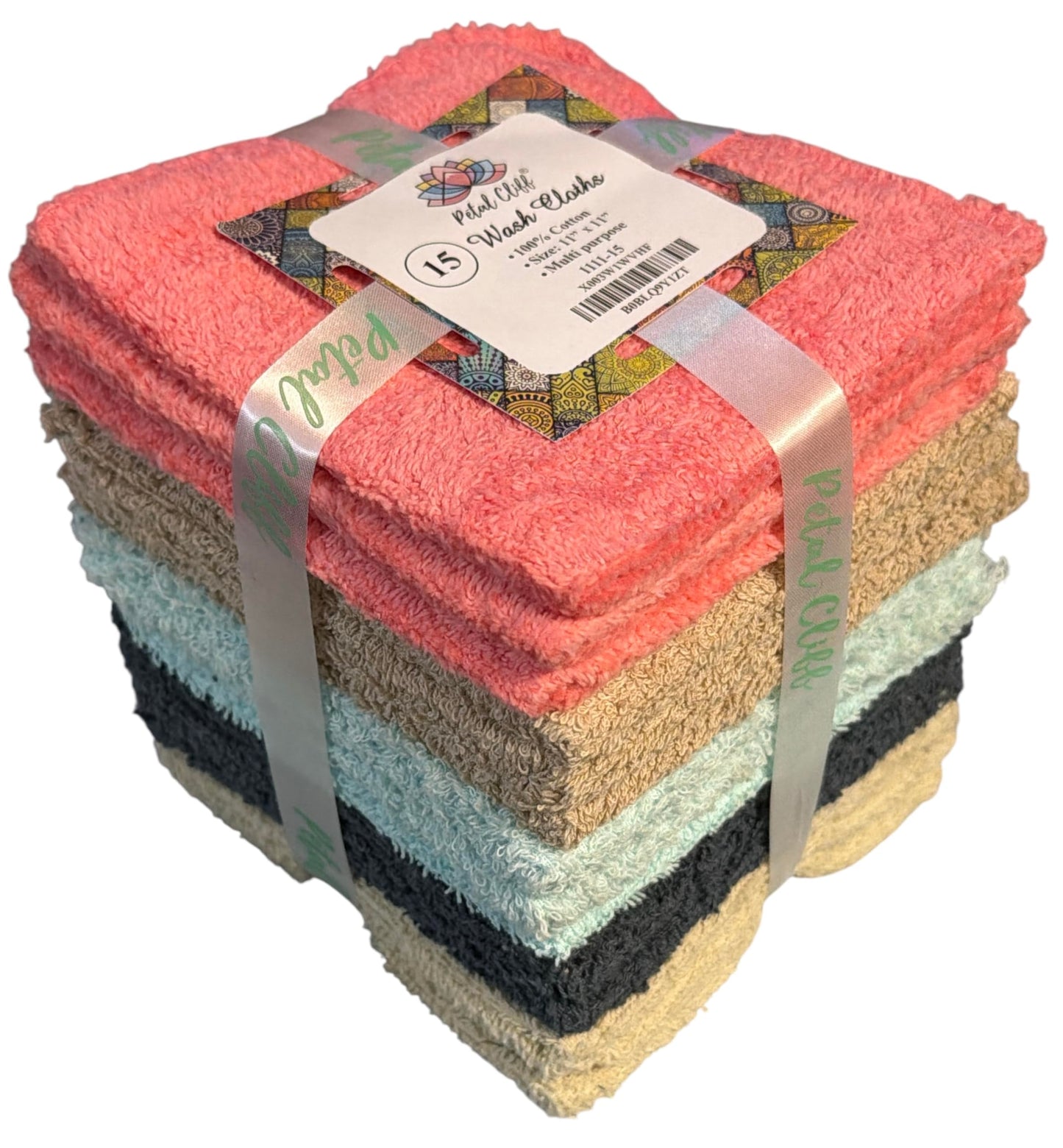 Petal Cliff Washcloths 15 Pack, 100% Cotton Washcloths, Soft, Extra Absorbent Wash Cloths - Machine Washable, Size 11 X 11 inch.