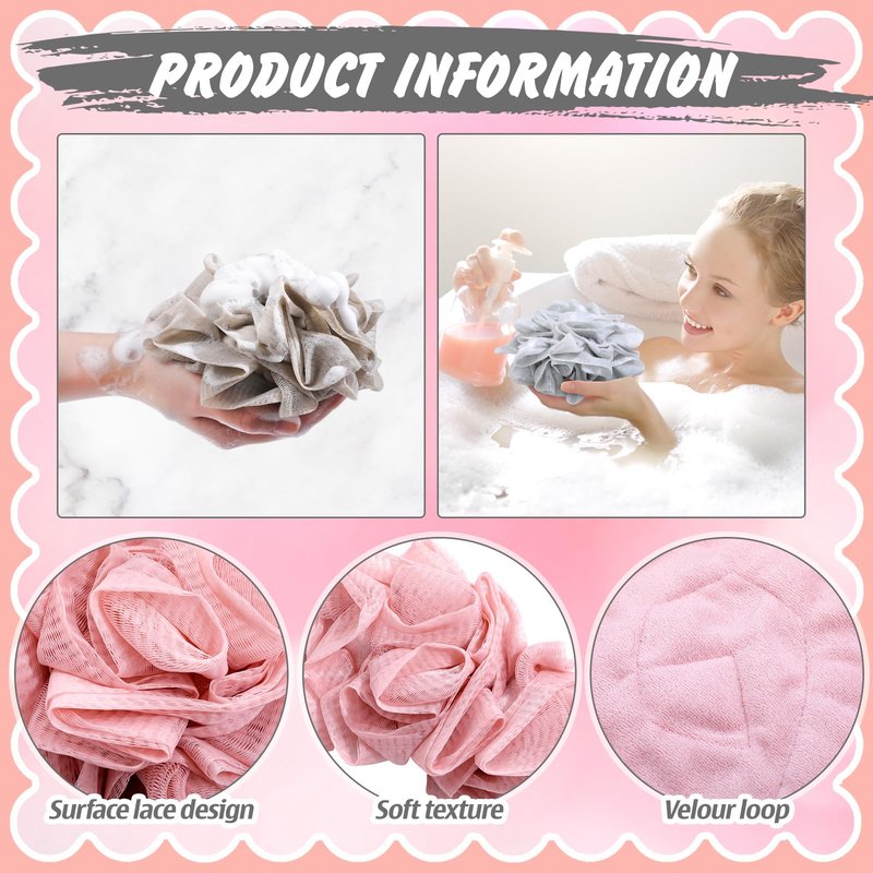 Afarnook 6 Pcs Washcloth Loofah Combo 2 in 1 Bath Loofah Sponge with Drawstring Exfoliation Mesh Shower Puff Ball for Body Cleaning Bath Set with Dual Sided Puff Shower Sponge Rich Lather