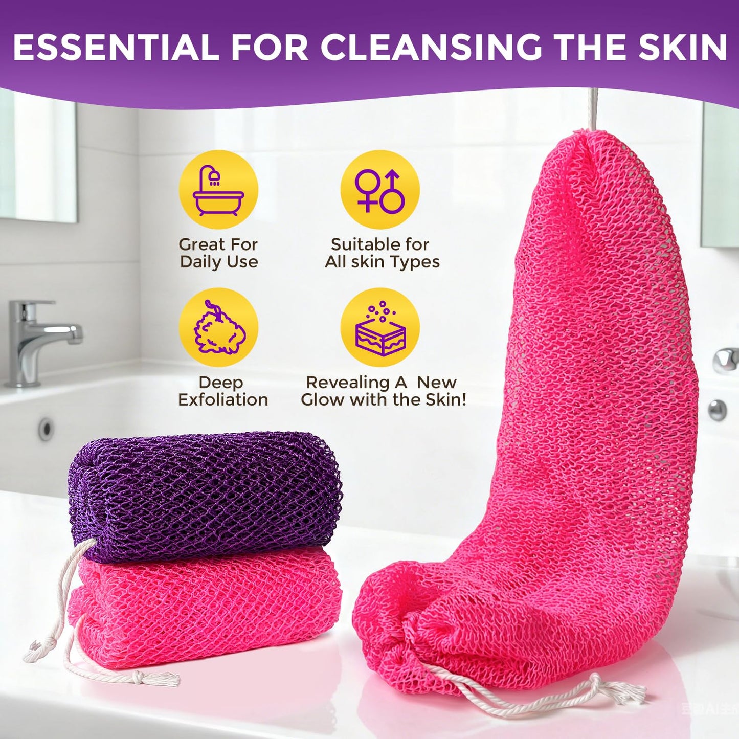 2 Pieces African Net Sponge Authentic, Durable Back Scrubber Washcloth for Shower, Exfoliating Net Sponge for All Skin, Bathing Accessories for Women (2 Pack (Pink and Purple))
