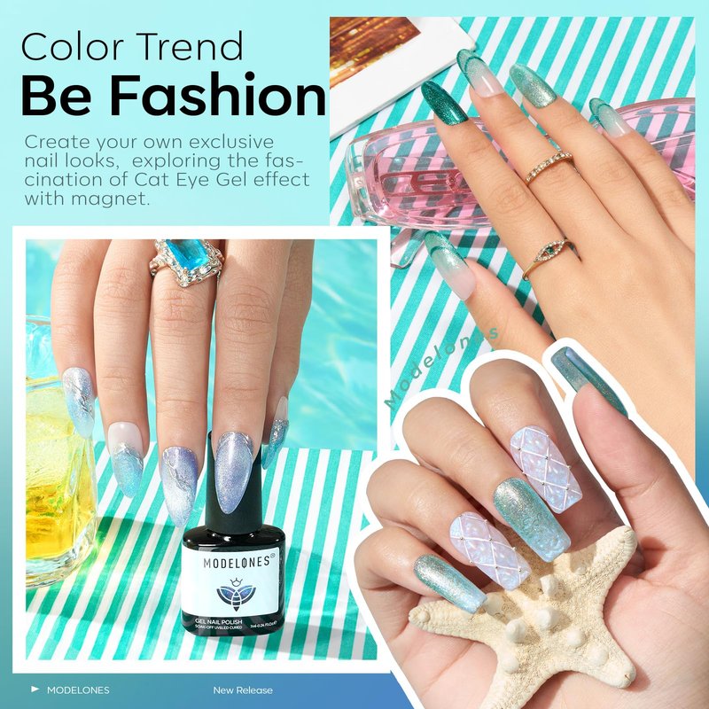 modelones Gel Nail Polish Set 6 Colors Green Cat Eye Gel Nail Polish White Glitter Light Mint Green Mermaid Pastel Shimmer Polish Soak Off LED Spring Summer Nail Art Salon DIY Gift For Women