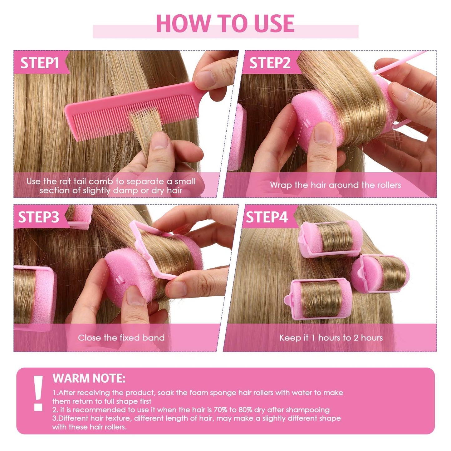 Syhood 48 Pcs Foam Sponge Hair Rollers Soft Sleeping Curlers Flexible Sponge Curler and Rat Tail Comb for Women Hairdressing Styling(Pink,1.57 inch)