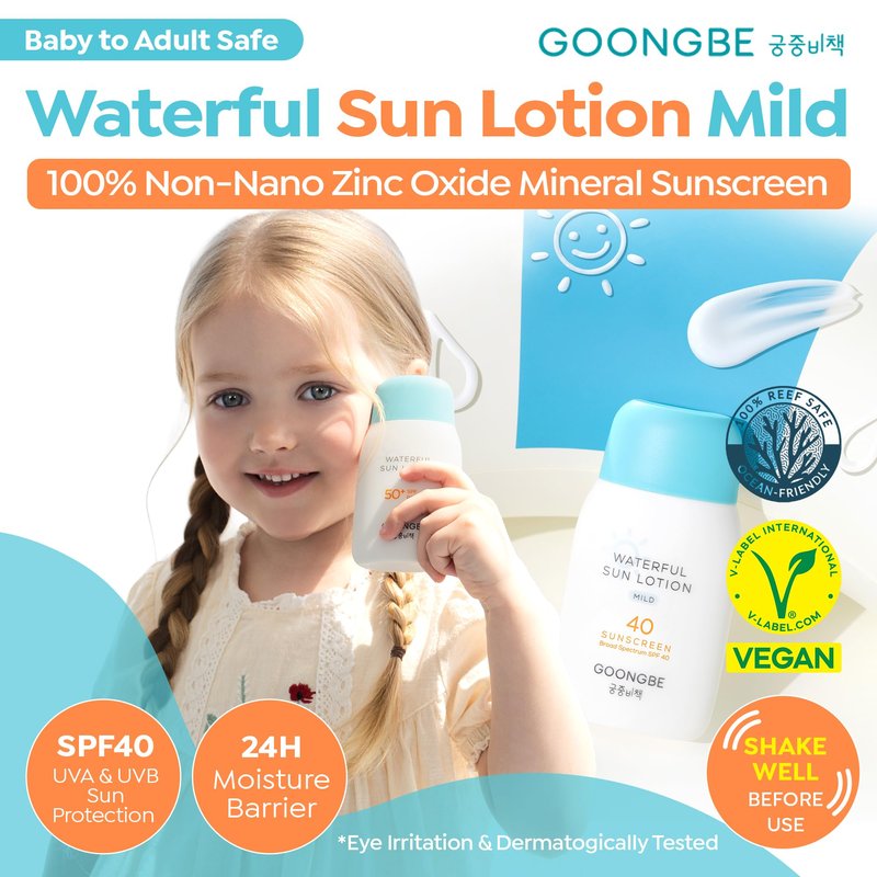 GOONGBE Waterful Sun Lotion Mild SPF 40 - Zinc Oxide Water Resistant Mineral Sunscreen for Babies, Kids & Adults - Hypoallergenic, Vegan, Reef-Safe - Korean Sun Care for Sensitive Skin, 2.82 fl.oz.