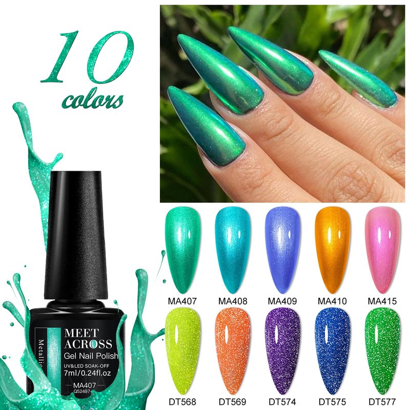 MEET ACROSS 12Pcs Gel Nail Polish Set 10 Colors Metallic Gel Polish + Reflective Glitter Neon Gel Polish, Soak Off Uv Led Nail Polish Kit with Base Top Coat Nail Gift for Her