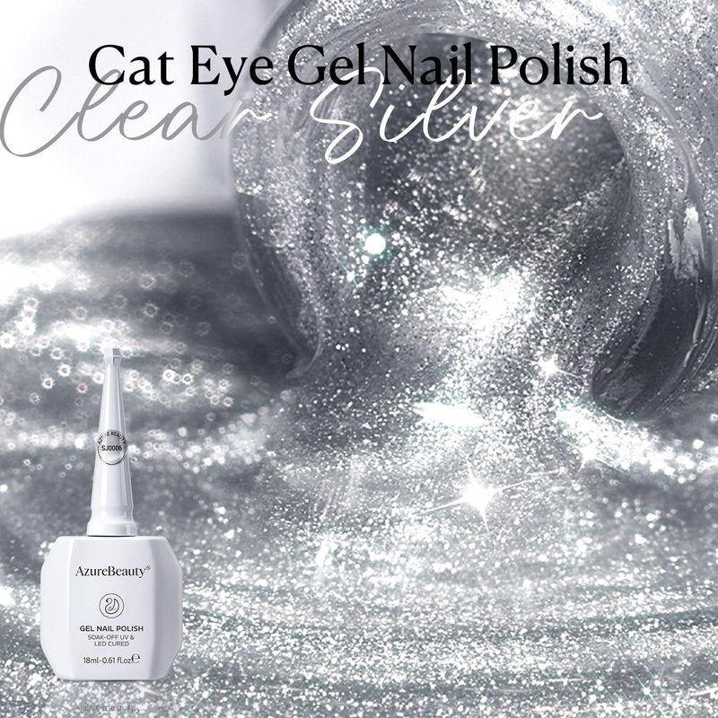 AZUREBEAUTY Translucent Silver Cat Eye Gel Nail Polish 18ML – Magnetic Moonlight Shimmer Soak Off UV/LED Gel Polish, Silver Reflective Color for Nail Art, DIY Manicure & Salon Use