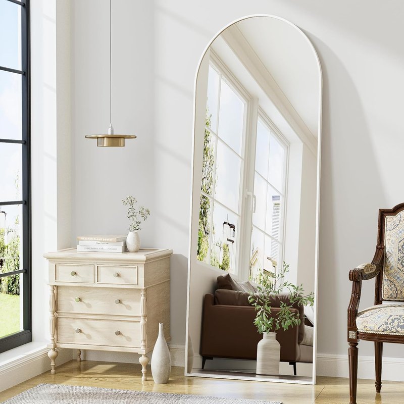 Arched Floor Mirror - 56"x20" Full-Length Standing Mirror | Aluminum Frame, Wall-Mounted or Leaning, White Finish