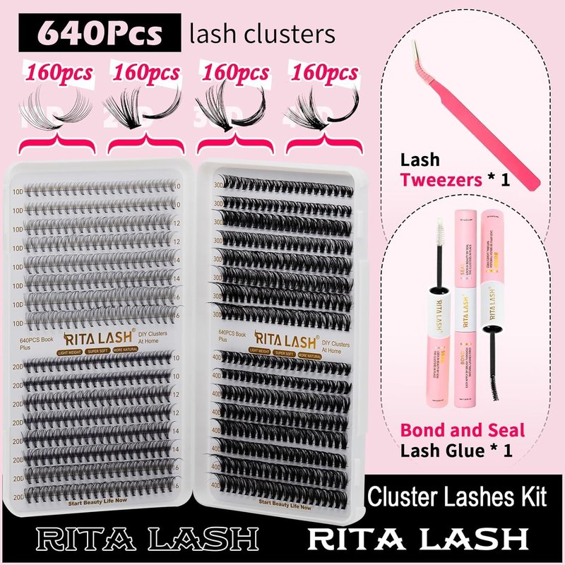 RITALASH Lash Extension Kit - 640pcs DIY Cluster Lashes with Bond & Seal | 10D-40D, 10-16mm Sizes