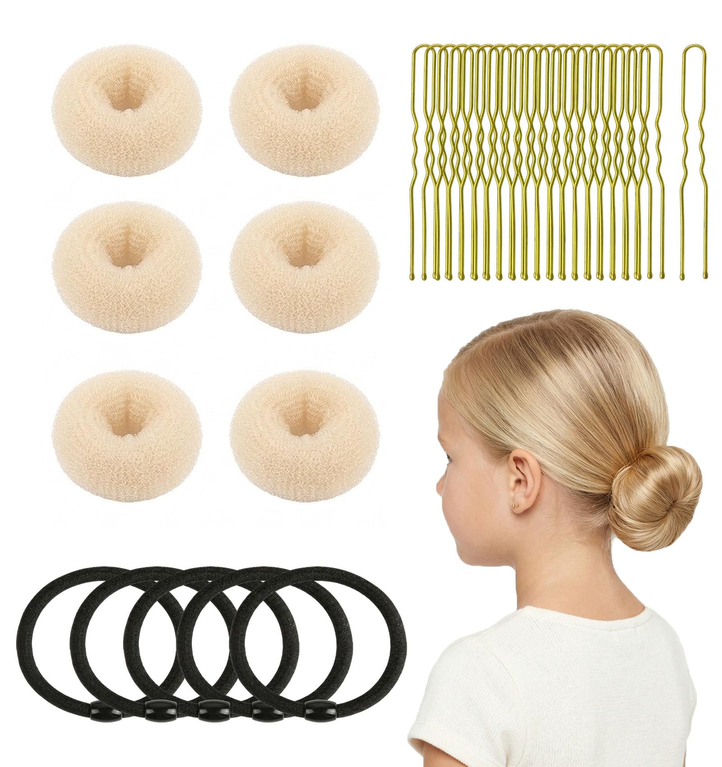 whisrvival 6pcs Small Hair Donut Bun Maker, Firm Hold, Stays Hidden, 30-Second Bun for Thin Hair, Chignon Ring for Women Girls, Ballet Dance Styling Kit with 5 Hair Ties and 20 U Pins(Beige)