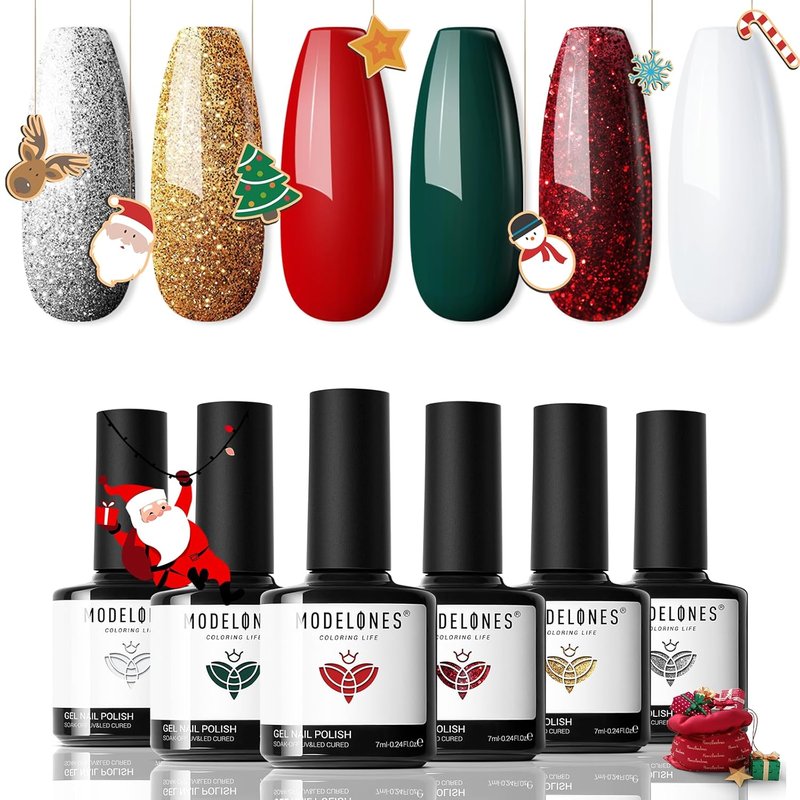 Christmas Gel Nail Polish Set - 6 Colors Winter Red Glitter, Dark Green, White, Gold & Silver | Perfect Gift for Women & Girls