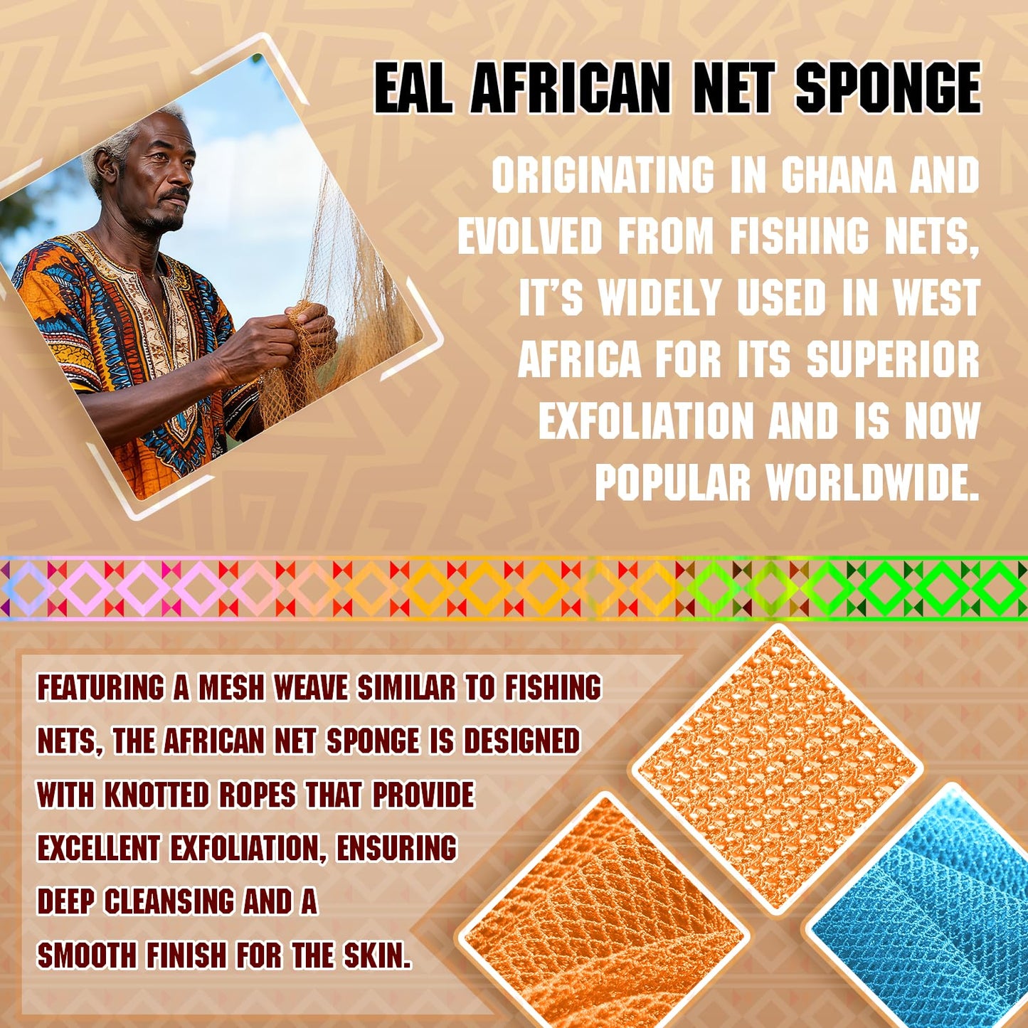 SpiralScgv Real African Net Sponge - 2 Pieces Authentic Exfoliating Body Scrubbers - Ultra-Gentle for Sensitive/Dry/Oily Skin - Shower & Bath Essential (Blue & Orange)
