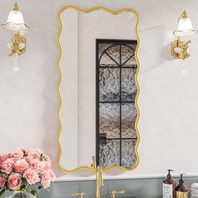 PROHOMEWARE Gold Bathroom Mirror - Wavy Rectangular Wall-Mounted Vanity Mirror | 24" x 48" for Bedroom, Entryway, Living Room