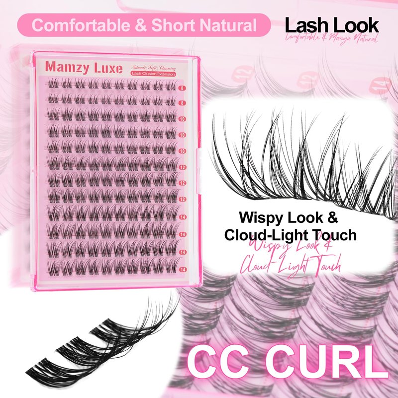 Natural Lash Clusters Kit Short Wispy Eyelash Clusters 8-14MM Clear Band Cluster Lashes Extensions Kit 120Pcs CC-Curly Daily Exquisite Eyelashes Clusters with Bond and Seal and Tweezers