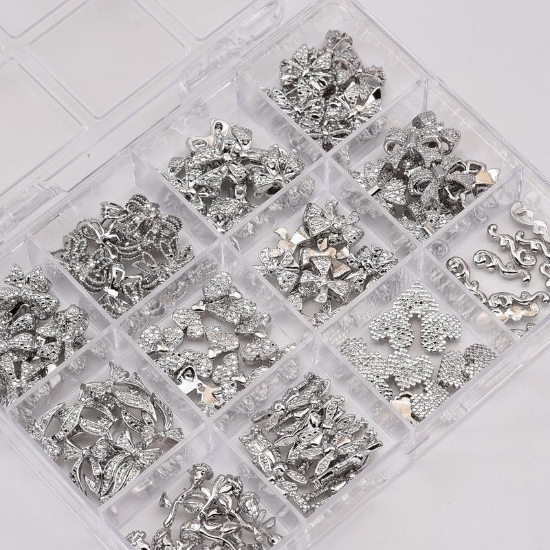 Skiennix 120pcs Nail Charms - 12 Styles of Black Metal 3D Heart & Flower Decorations for Acrylic Nails