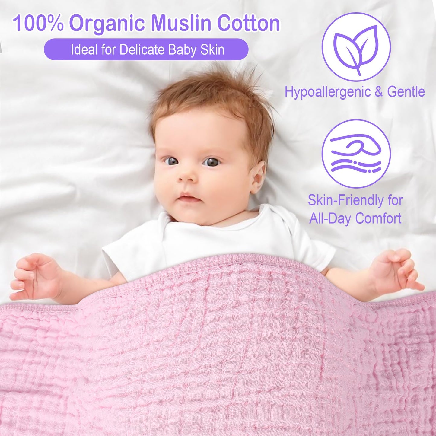 Synrroe 2 Pack Hooded Muslin Cotton Baby Towels, 32x32Inch, Pink & Purple