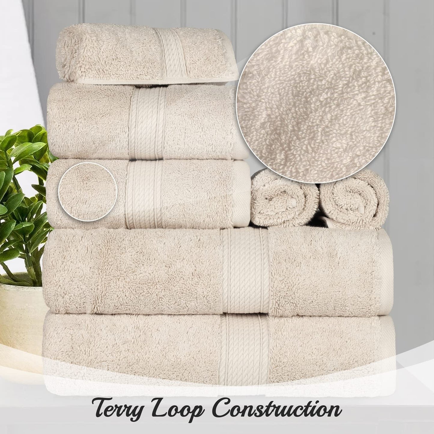 SUPERIOR Egyptian Cotton Pile 8 Piece Towel Set, Includes 2 Bath, 2 Hand, 4 Face Towels/Washcloths, Ultra Soft Luxury Towels, Thick Plush Essentials, Guest Bath, Spa, Hotel Bathroom, Cream